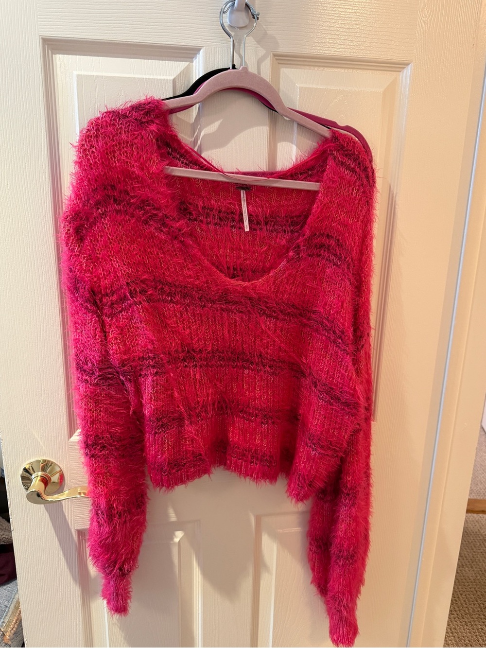 Free People Fuchsia Pink Striped Fuzzy V-Neck Sweater